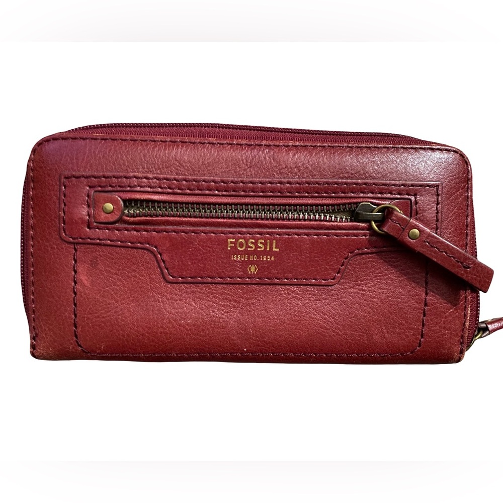 FOSSIL Emma Burgundy Leather Zip Around Wallet Clutch Wristlet